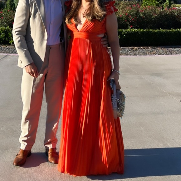 Mac Duggal Pleated Flutter Sleeve Deep V lace Up gown. - Picture 5 of 5